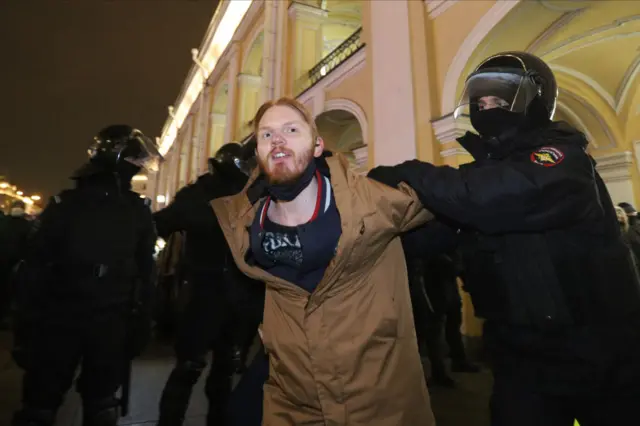 A protester being arrested in St Petersburg in March