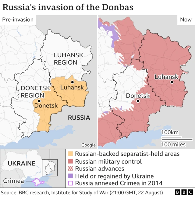 Maps show growing Russian control in Ukraine's eastern Donbas region. The first shows areas held by Russian-backed separatists in Luhansk and Donetsk before the 2022 invasion. The second map shows the entirety of Luhansk and much of Donetsk - and beyond - captured after the 2022 invasion