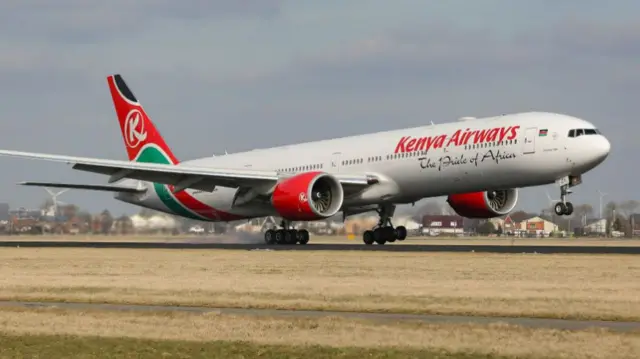 Kenya Airways Boeing 777-300(ER) landing at Amsterdam Schiphol Airport