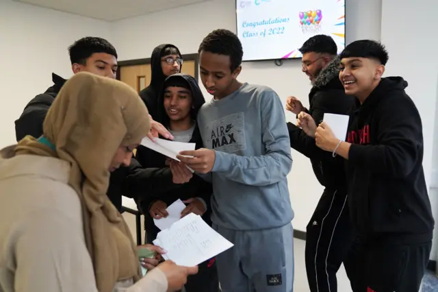 Students receiving their GCSE results at Rockwood Academy secondary school in Alum Rock, Birmingham