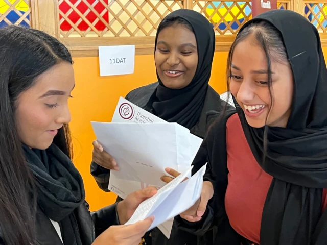 Smiling pupils getting their results at Thornhill Academy in Sunderland