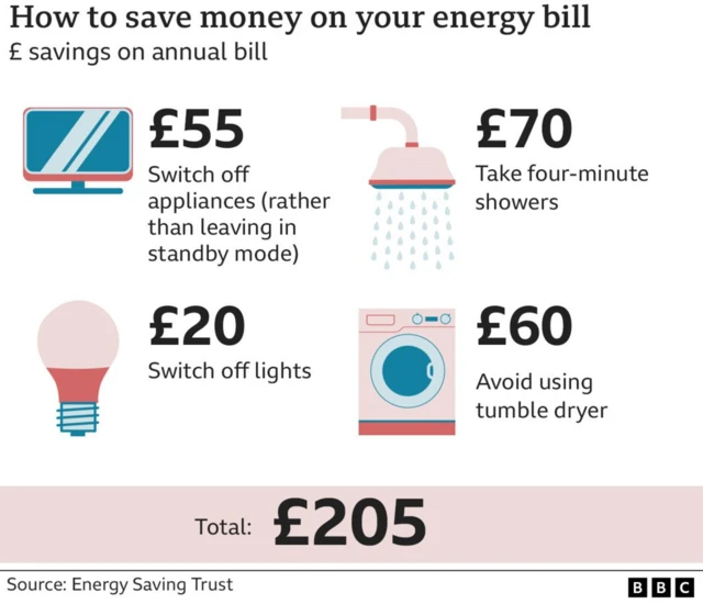 graphic showing you can save £55 by not leaving appliances on standby mode, £20 by switching off lights, £70 by taking four-minute showers, and £60 by not using a tumble dryer, saving a total of £205 annually