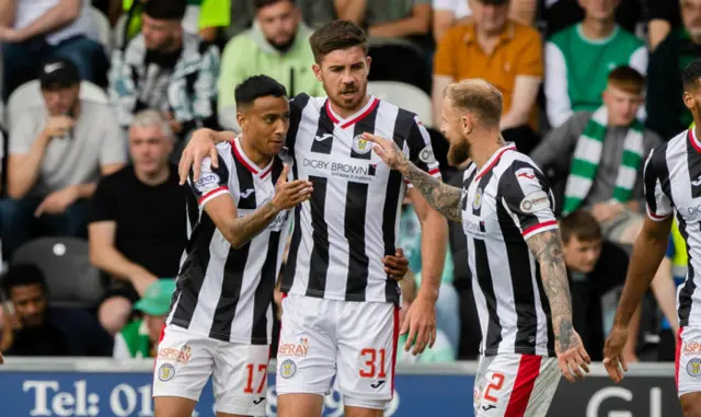 St Mirrens' Keanu Baccus (left) celebrates making it 1-0 with his teammates Declan Gallagher and Richard Tait