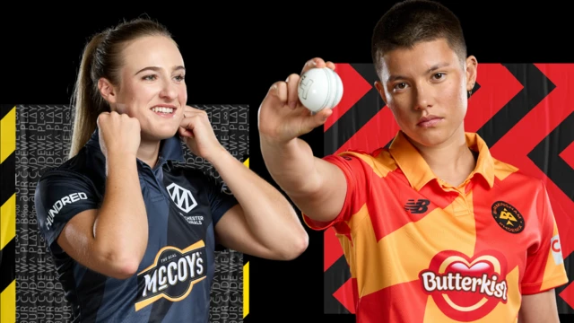 Graphic of Emma Lamb in Manchester Originals kit (left) next to Issy Wong holding a cricket ball in Birmingham Phoenix kit