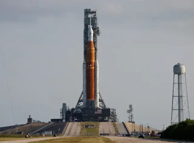 Nasa's Space Launch System (SLS) pictured with its Orion crew capsule perched on top earlier this month