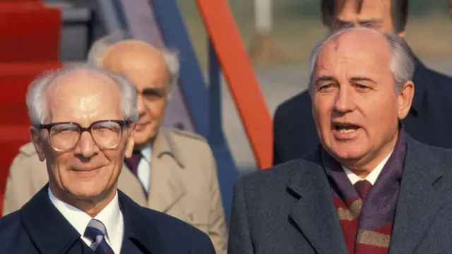 Mikhail Gorbachev (right) with Erich Honecker (left) in East Berlin in October 1989