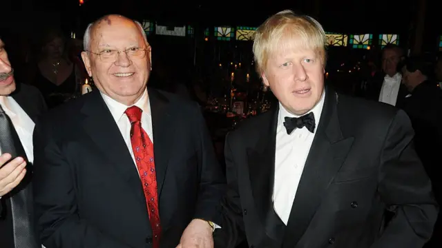 Mikhail Gorbachev (left) and Boris Johnson shake hands at a gala event in London in 2009