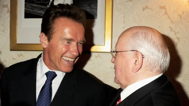 LONDON, ENGLAND - MARCH 30: (SPECIAL ACCESS) Arnold Schwarzenegger (L) and Former Soviet leader Mikhail Gorbachev attend the Gorby 80 Gala at the Royal Albert Hall on March 30, 2011 in London, England. The concert is to celebrate the 80th birthday of the former Soviet leader Mikhail Gorbachev. (Photo by Dave Benett/G80/Getty Images)