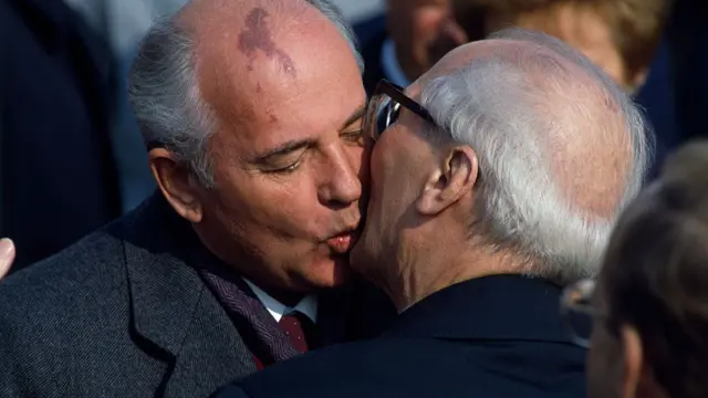 Mikhail Gorbachev kisses Erich Honecker during the 40th Anniversary of the German Democratic Republic