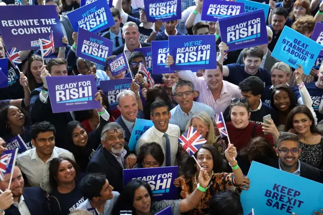 Rishi Sunak (centre) surrounded by supporters