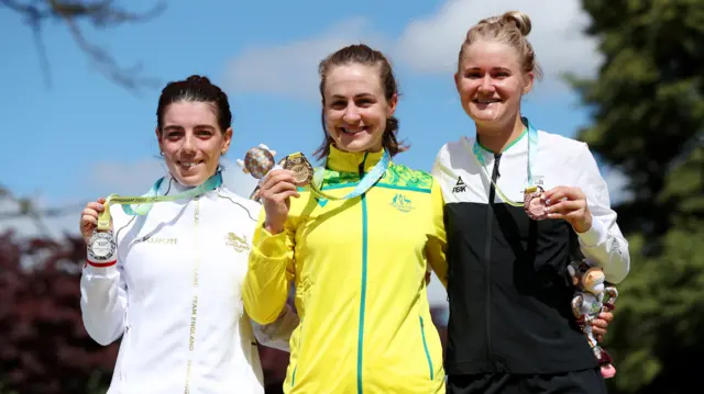 Women's time trial podium: Grace Brown, Anna Kennedy and Georgia Williams