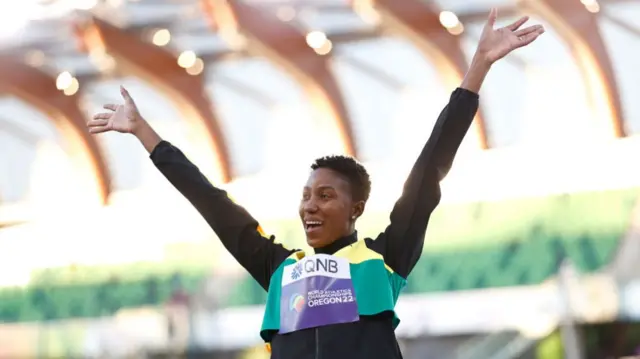 Jamaica's Shanieka Ricketts celebrates winning bronze at the 2022 World Championships