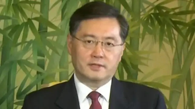 Qin Gang, China's ambassador to the US, stands in front of a bamboo wallpaper-covered background