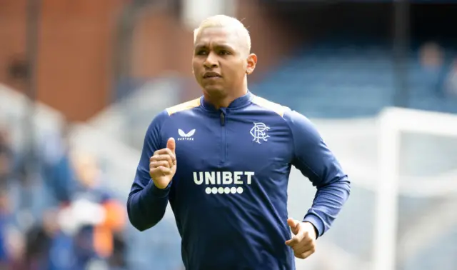 Alfredo Morelos warming up before kick-off at Ibrox