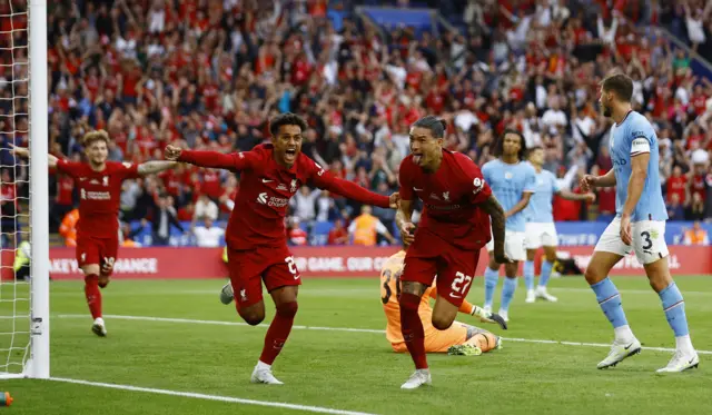 Fabio Carvalho and Darwin Nunez celebrate a goal for Liverpool in the 2022 Community Shield