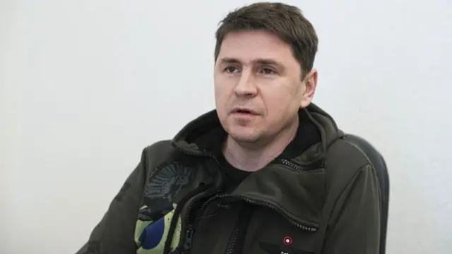 Ukrainian negotiator and presidential adviser Mykhailo Podolyak makes a statement