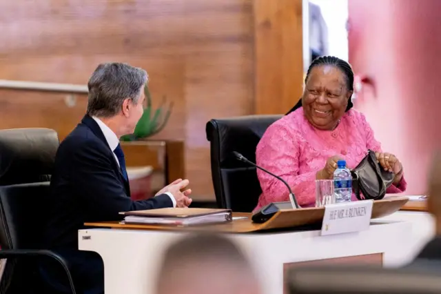 South Africa's Foreign Minister Naledi Pandor (R) and Secretary of State Antony Blinken (L) attend a strategic dialogue opening session meeting in Pretoria on 8 August.