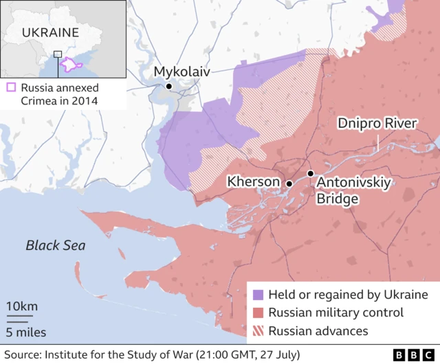 map showing Russia's control of Kherson region and location of Antonivskiy Bridge