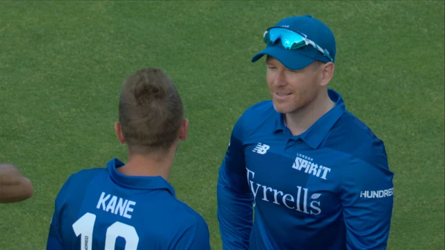 Tottenham striker Harry Kane talks to London Spirit captain Eoin Morgan at Lord's