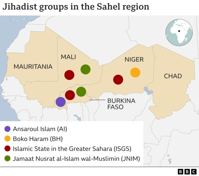 A map of the Sahel nations showing the areas where Islamist groups Ansaroul Islam, Boko Haram, Islamic State in the Greater Sahara and JNIM operate.