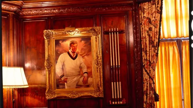 a portrait of Donald Trump wearing cricket whites, in the billiard room