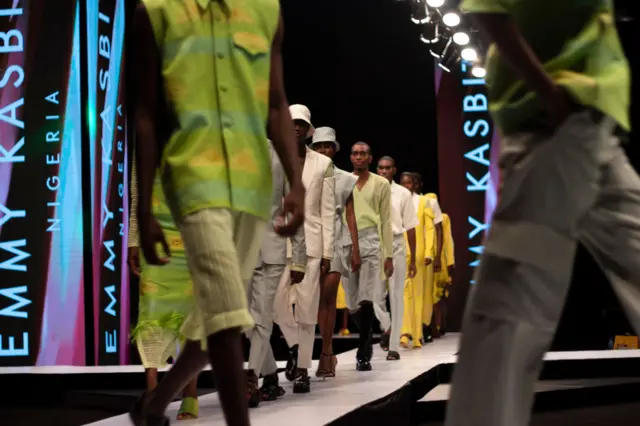 Models walk the runway for Emmy Kasbit, during Lagos Fashion Week 2021 on October 30, 2021 in Lagos, Nigeria.