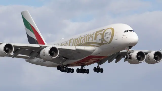 An Emirates Airlines Airbus A380 lands at Heathrow Airport on Monday 27 June.