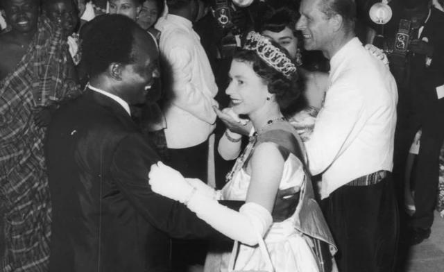 Queen Elizabeth II dances with Kwame Nkrumah, Ghana's first president and a figurehead of the decolonisation movement, during her visit in 1961