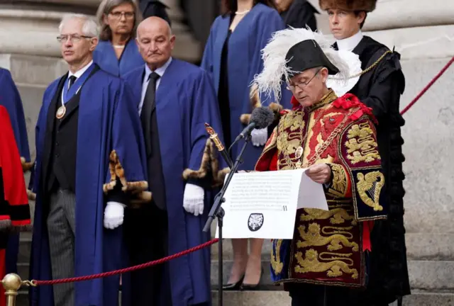 Clarenceux King of Arms reads the Proclamation of Accession of King Charles III at the Royal Exchange in the City of London. Picture date: Saturday September 10, 2022