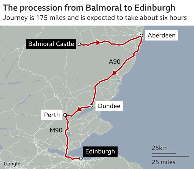 A map shows the route the coffin will be transported on from Balmoral Castle to Edinburgh