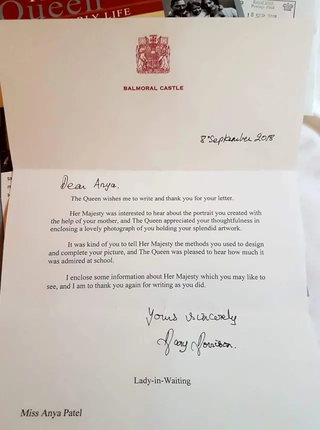 The letter Anya received from the Queen's Lady-in-Waiting