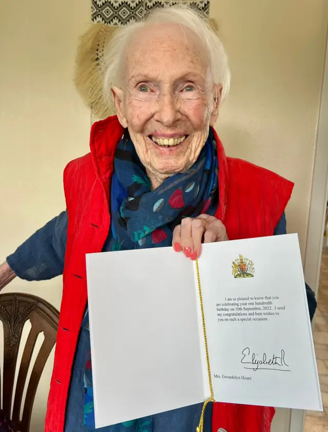 Gwendolyn Betty Hoare receiving her 100th birthday telegram.