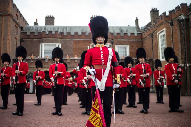 Members of the Coldstream guards are seen in Friary Court at St James's Palace as Charles is declared King