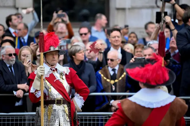 Guards during the reading of the Proclamation of Accession of King Charles III at the Royal Exchange in the City of London