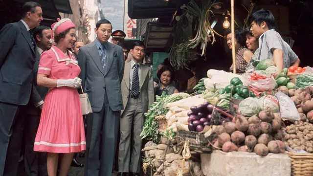 The Queen at a market in Hong Kong in 1975