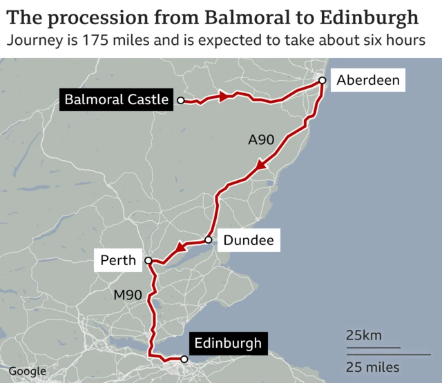 The route the Queen's coffin will take from Balmoral to Edinburgh