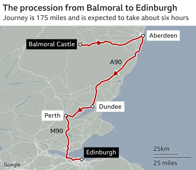 Map shows route of cortege from Balmoral to Edinburgh