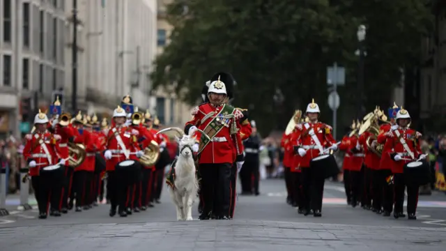 The Battalion of the Royal Welsh, march with their mascot ahead of the proclamation ceremony for King Charles