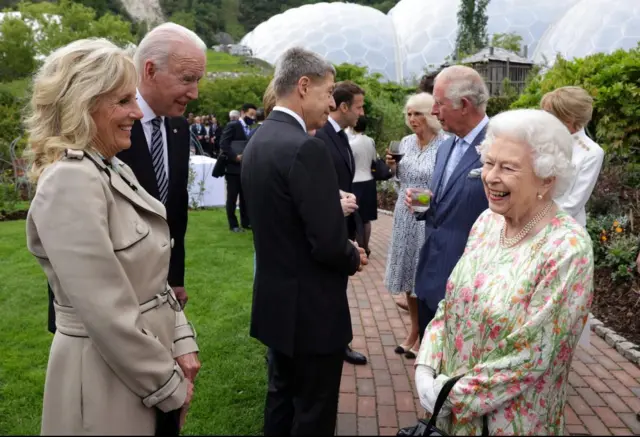 The Queen with Joe and Jill Biden last year at the G7 summit in Cornwall, England