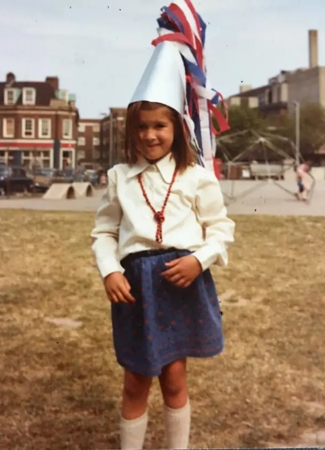 Cathy Douglas dressed in red, white and blue for the Queen