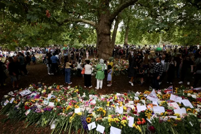 People view flowers in Green Park next to Buckingham Palace following the death of Queen Elizabeth II on 11 September 2022.