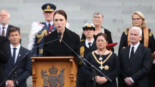 New Zealand Prime Minister Jacinda Ardern speaks on the steps of parliament during the proclamation of accession ceremony to acknowledge King Charles III as the King of New Zealand on September 11, 2022 in Wellington, New Zealand.