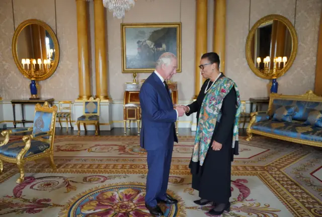 King Charles during an audience with the Commonwealth Secretary General Baroness Patricia Scotland