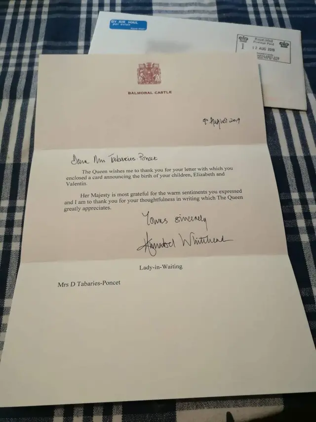 A letter from Balmoral Castle to Delphine Tabaries-Poncet