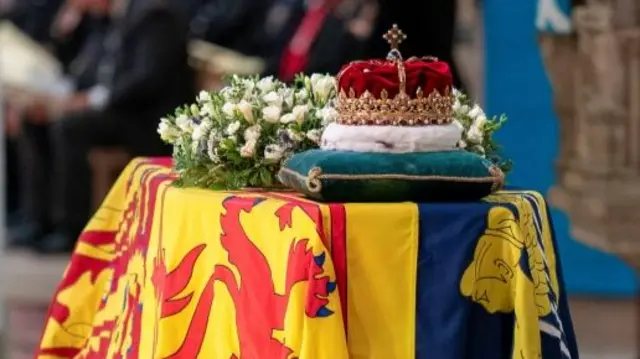 The Crown of Scotland sits atop the coffin of Queen Elizabeth II during a Service of Prayer and Reflection for her life at St Giles" Cathedral, Edinburgh