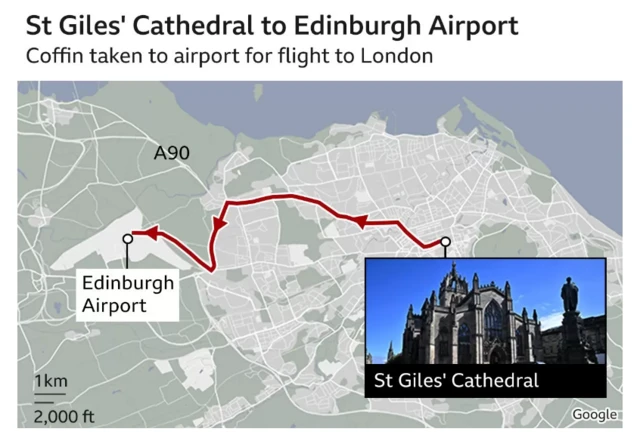 Map of route from St Giles' Cathedral to Edinburgh airport