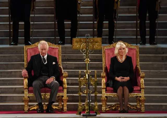 King Charles III and Camilla, Queen Consort, receive condolences from both the House of Commons and House of Lords in Westminster Hall, London