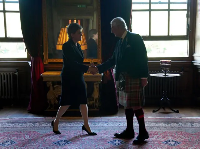 Scottish First Minister Nicola Sturgeon greets King Charles III