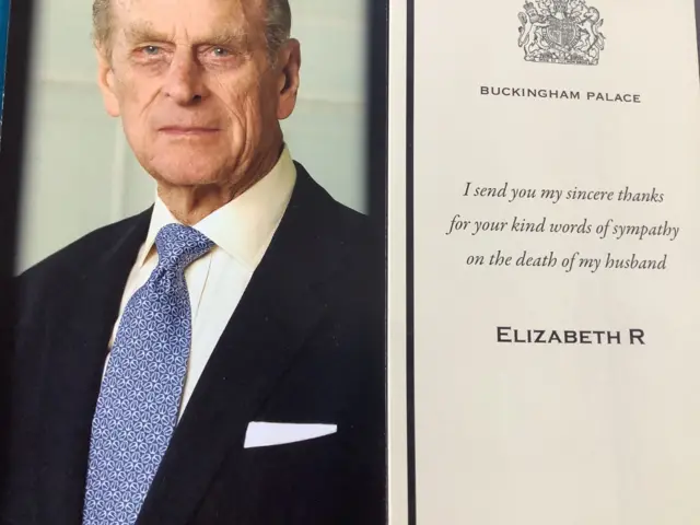 Beside a photo of the late Prince Phillip the text reads "I send you my sincere thanks for your kind words of sympathy on the death of my husband - Elizabeth R"