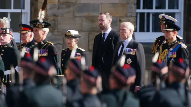 King Charles III (second left), the Princess Royal (centre), the Duke of York (second right) and the Earl of Wessex (right)